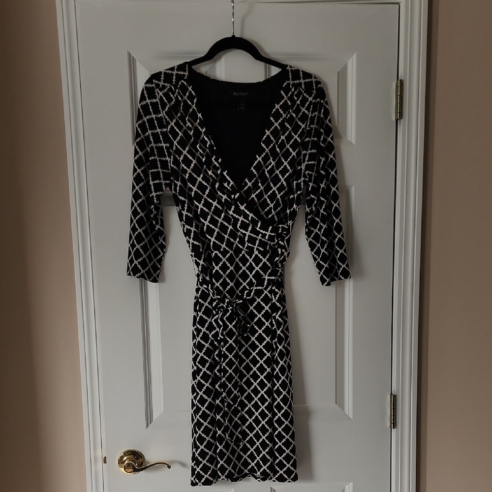 White House Black Market Black, White, and Tan Geometric Wrap Dress